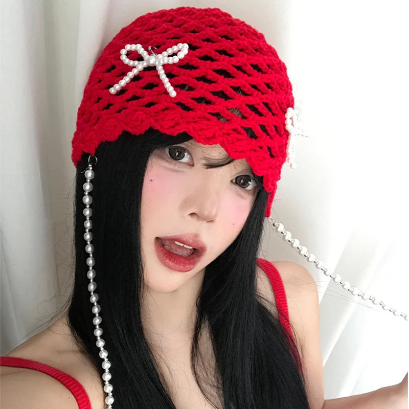 Pearl Bow Pendant Hollow Handmade Knitted Pullover Hat Street Korean