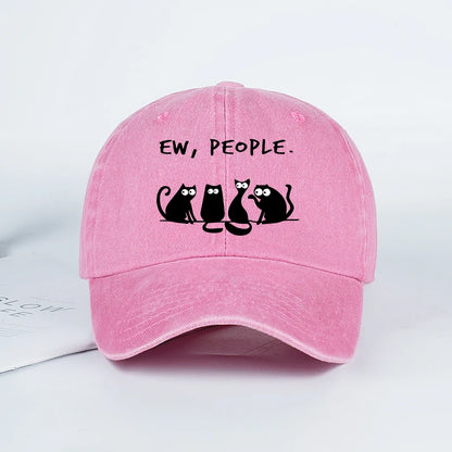 Fun “Ew, People” Cat-Print Washed Baseball Cap