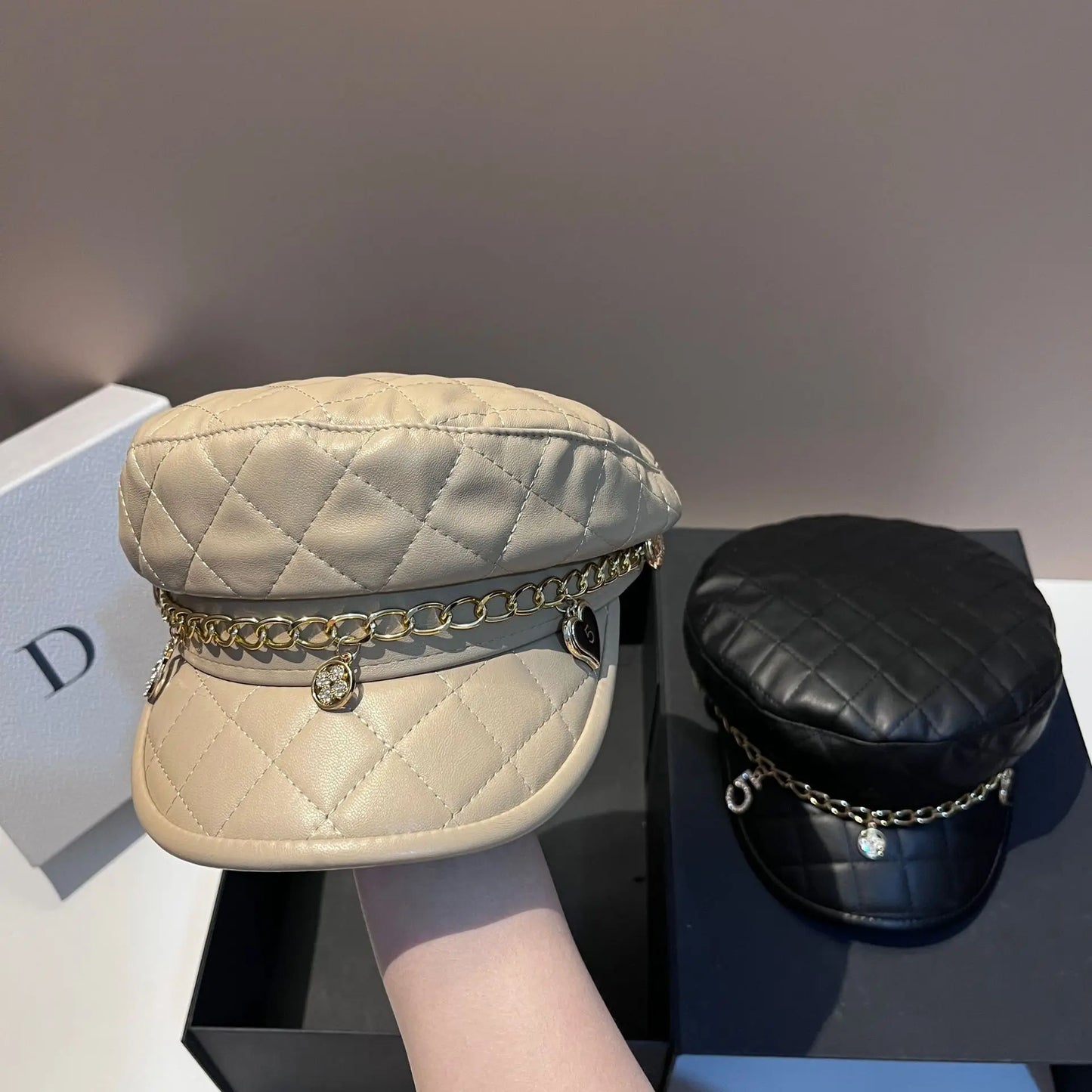 Europe And The United States Simple Light Luxury Plaid Leather Navy Hat