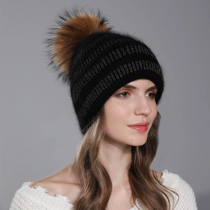 Hat For Women Angora Rabbit Fur Beanies With Natural Raccoon Fur Pompom Hats