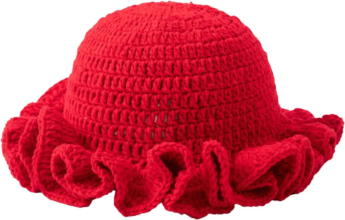 Women's Boho Crochet Ruffle Bucket Hat, Foldable Handmade Summer Beach Cap