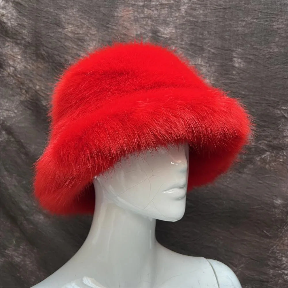 New Luxury Warm Faux Fur Bucket Hats Women