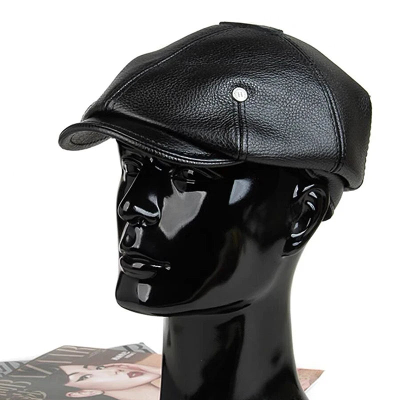 2025 Retro Men's Outdoor Leather Hat Winter Berets Male Warm Cap