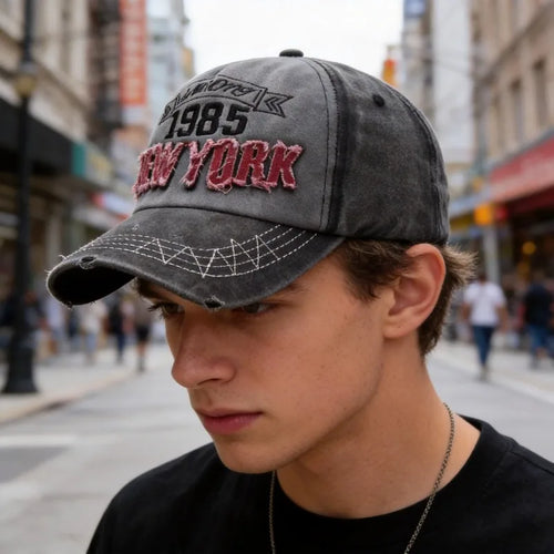 Retro Distressed Letters Baseball Cap Vintage Washed Denim Unisex
