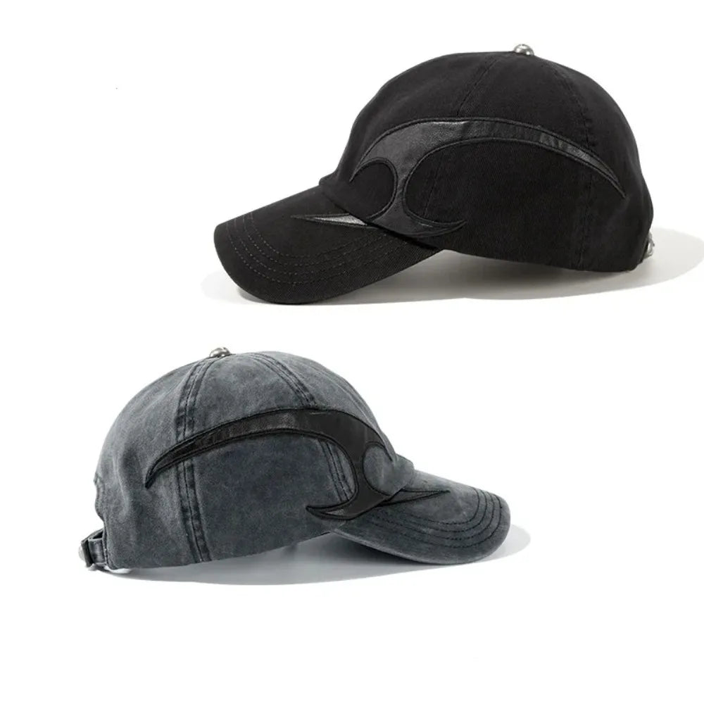 Dark Flame Embroidered Denim Baseball Cap - Washed Distressed Trucker Hat