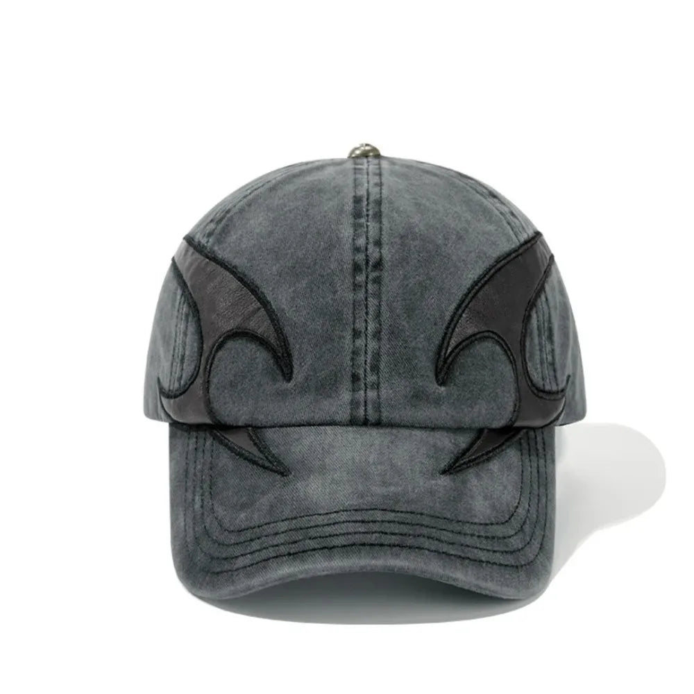 Dark Flame Embroidered Denim Baseball Cap - Washed Distressed Trucker Hat