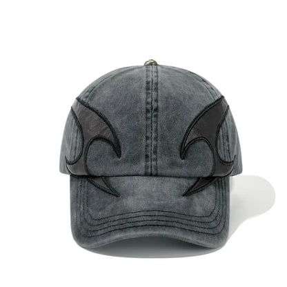 Dark Flame Embroidered Denim Baseball Cap - Washed Distressed Trucker Hat