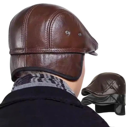 Men Retro Leather Newsboy Caps Autumn Winter Visor Beret Thicken Warm Hat