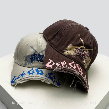 Niche Street Embroidered Letters Flame Flag Baseball Hats