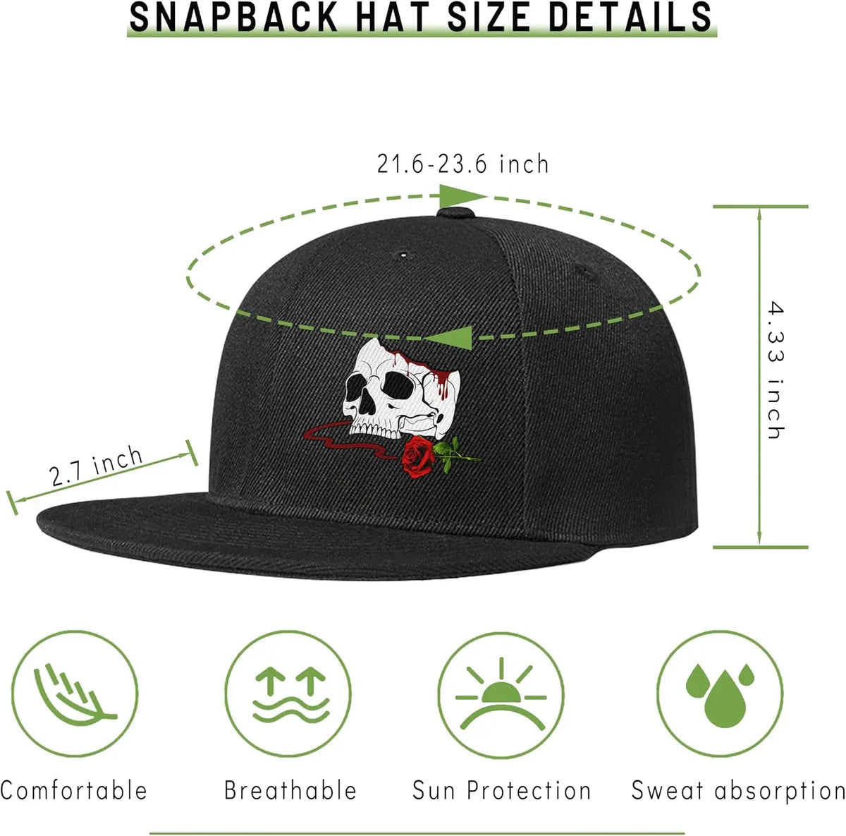 Flat Bill Hats For Men Snapback Skull Hats Black Hat For Teen Boys Skateboard Hats Baseball Cap