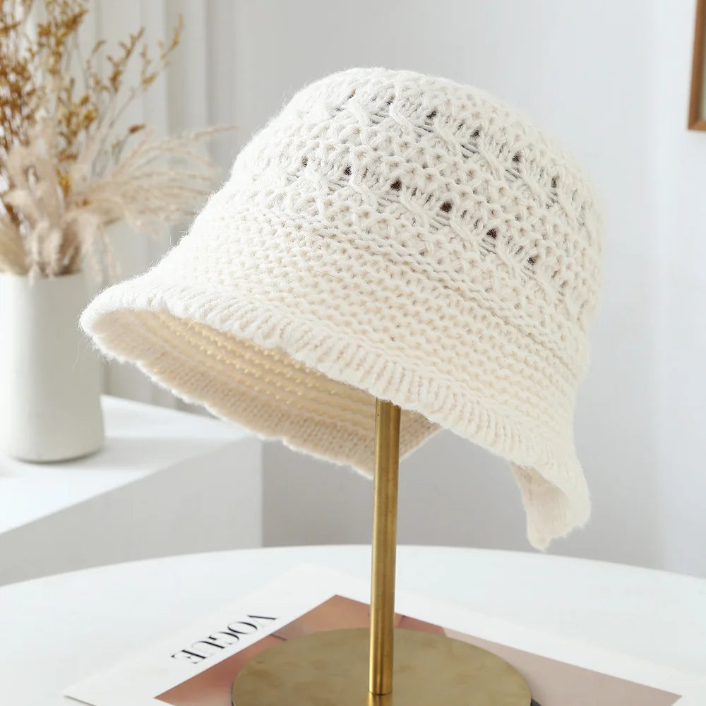 Women Openwork Knitted Bucket Hat Soft Asymmetric Brim Cap