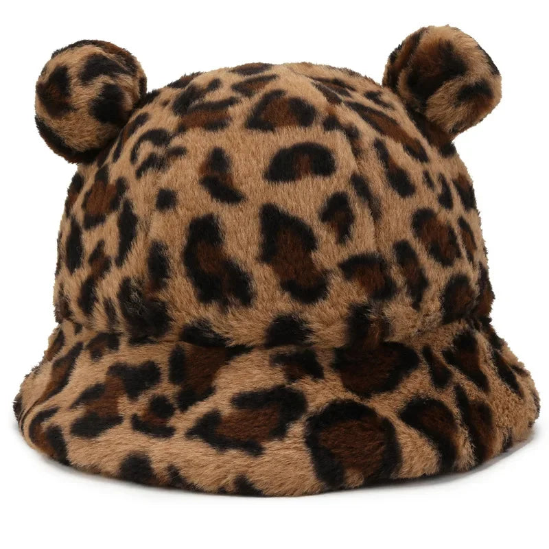 Ladies Fashion Leopard Print Plush Warm Fisherman Hat