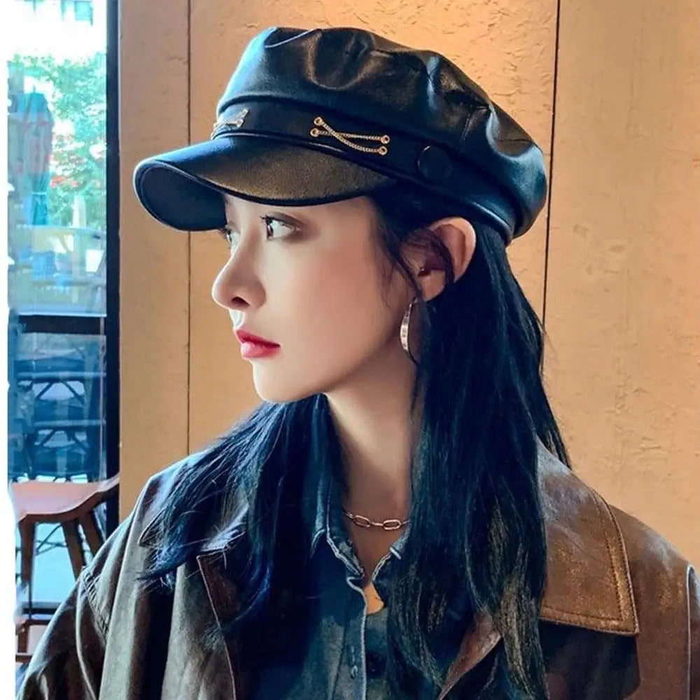 British Style Berets Visor Pu Leather Flat Top Hat