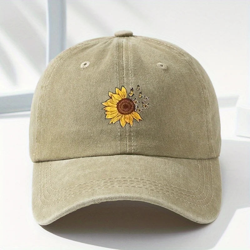 Sunflower Printed Baseball Cap with Retro Washed  for Both Men and Women