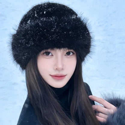 Leopard Print Furry Mongolian Hat Winter Warm Fluffy Bucket Hat