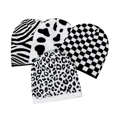 Unisex Checkered Cow & Animal Knit Soft Warm Cuffed Beanie Hat