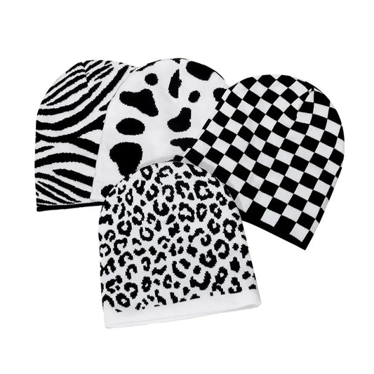 Unisex Checkered Cow & Animal Knit Soft Warm Cuffed Beanie Hat
