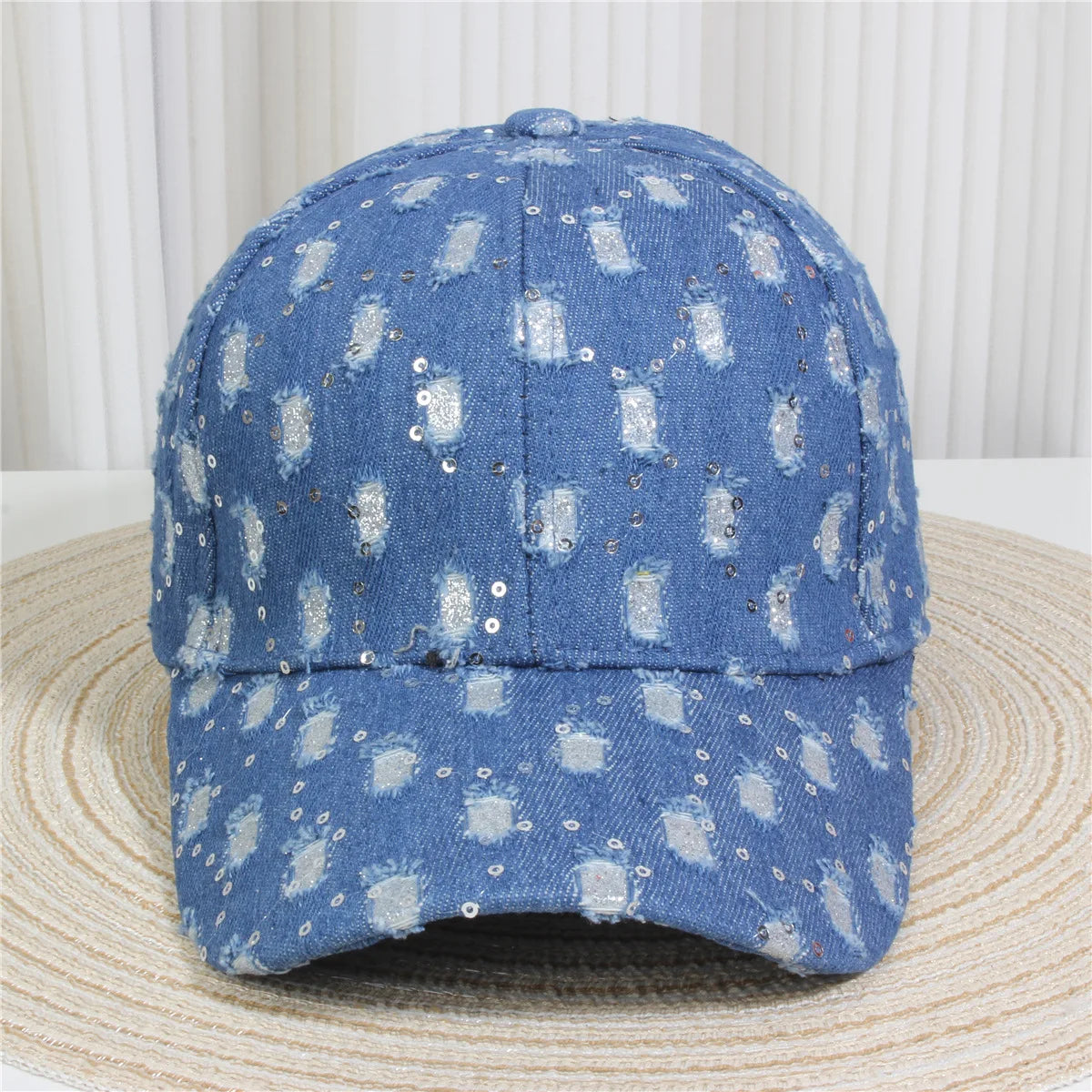 Fashionable Multiple Styles Of Glittering Sequin Frayed Denim Baseball Caps