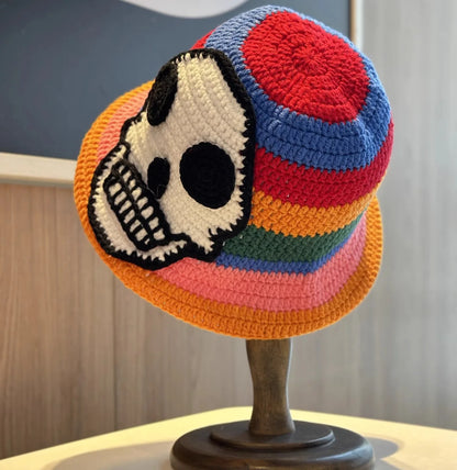 Skeleton Embroidery Fisherman Hat Winter Handmade Crochet Knitted