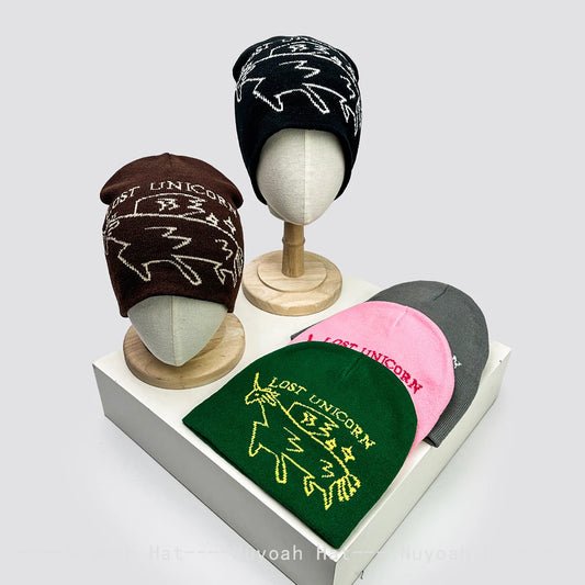 New Men Women Korean Jacquard Unicorn Letters Knitted Hats
