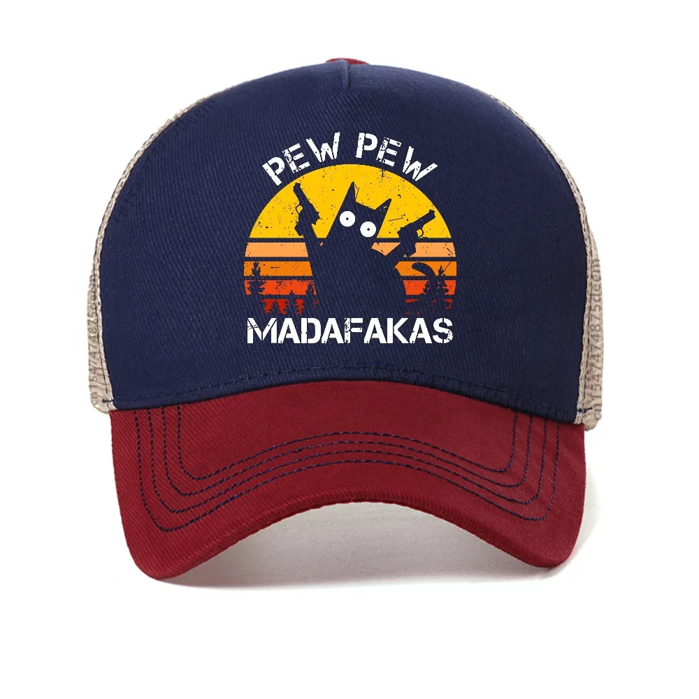 Pew Pew Madafakas Cat with Two Guns Funny Baseball Cap Fashion Breathable Unisex Adjustable Hat