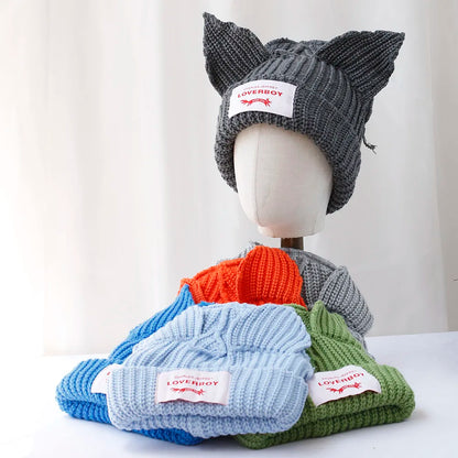 Lover Boy Cat Ear Knit Hat Solid Warm Pig Ear Woolen Hat