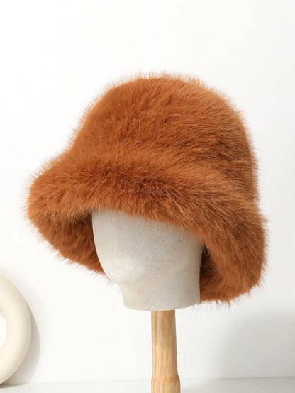 Bright Yellow Imitation Mink Fur Bucket Hat Women's Panama Style Korean New