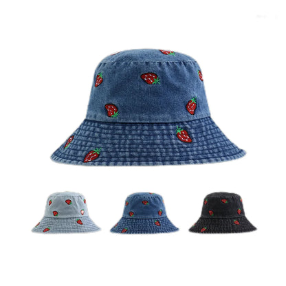 Spring Summer Strawberry Embroidery Denim  Bucket Hat