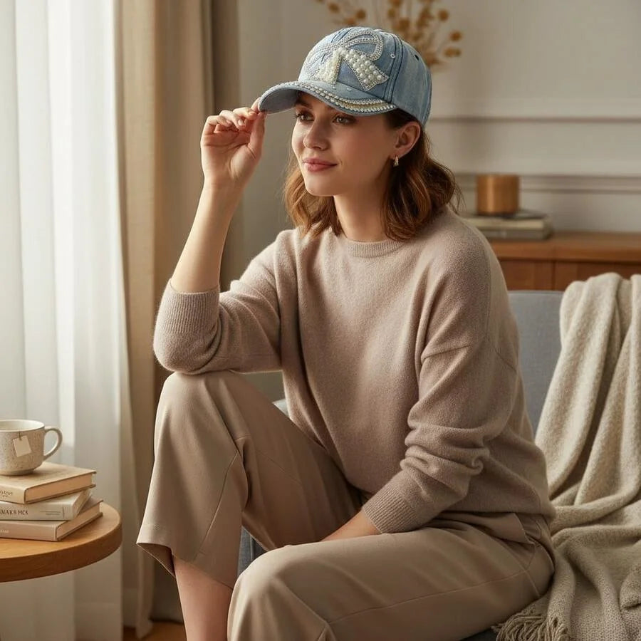 Bow Pearl Diamond Denim Baseball Cap, Spring And Summer