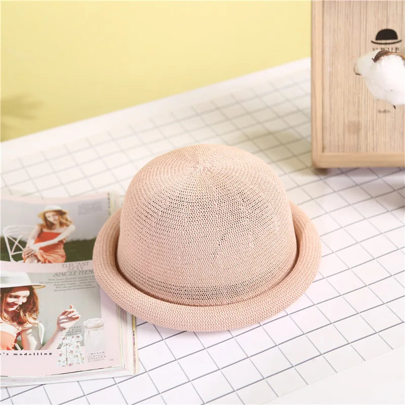 Women Straw Hat Spring Summer New Roll Brim Round Top