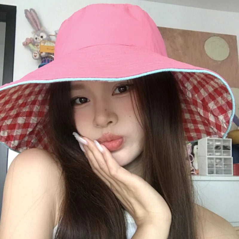 Retro Ins Sweet Plaid Tie Strap Bucket Hat