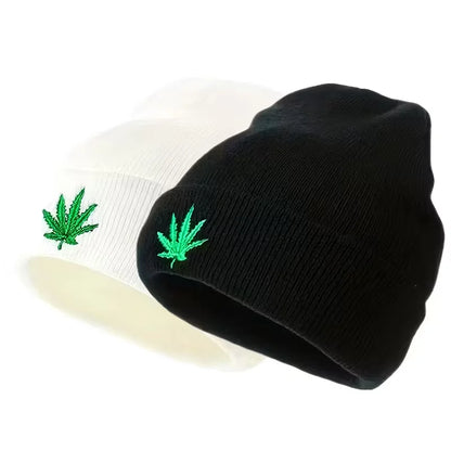 Fashion Leaf Embroidery Knitted Hat For Men Women Teens