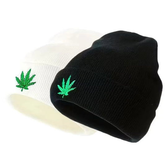 Fashion Leaf Embroidery Knitted Hat For Men Women Teens