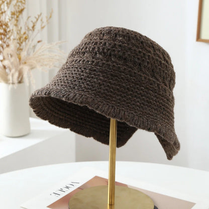 Women Openwork Knitted Bucket Hat Soft Asymmetric Brim Cap