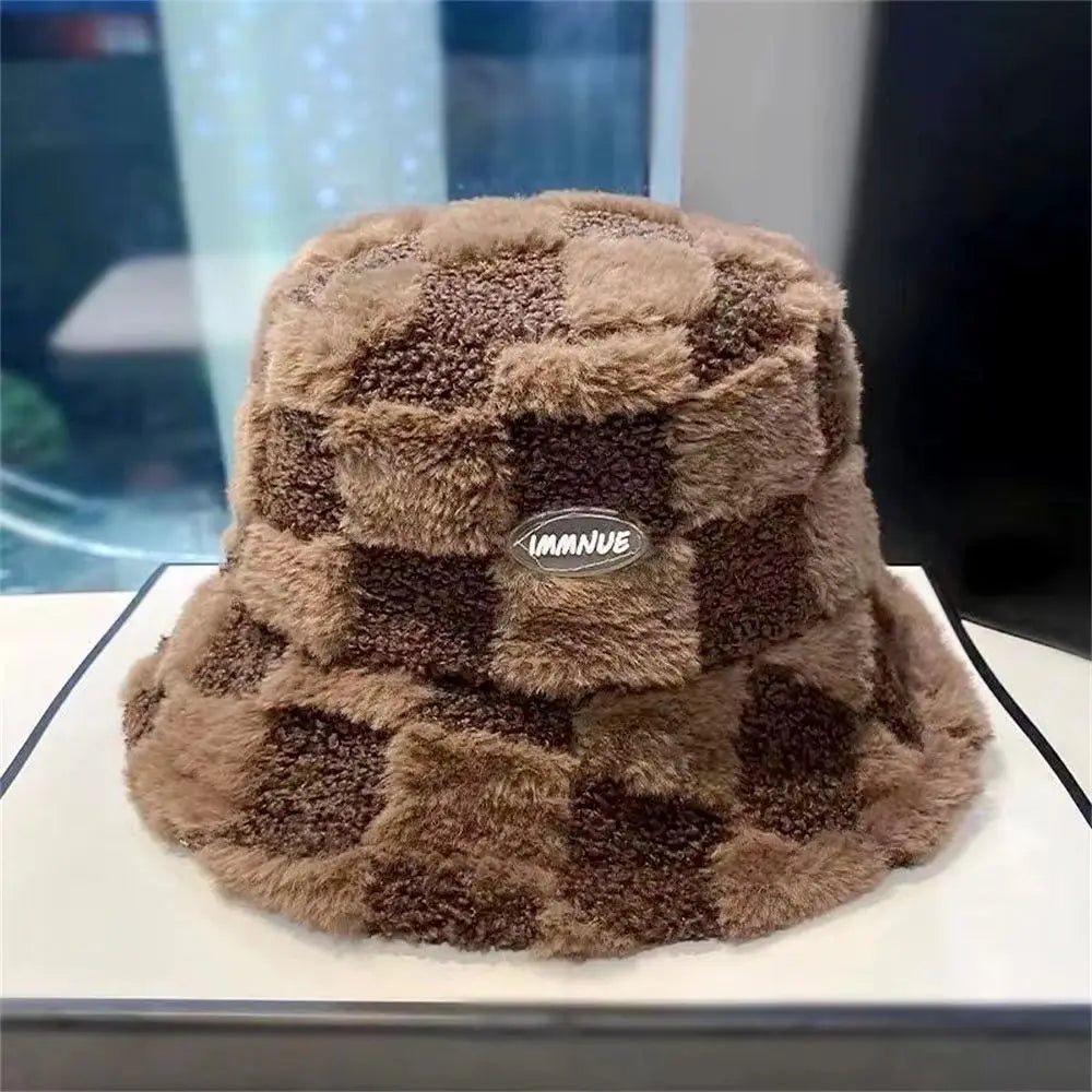 Plaid Checkered Women Bucket Hat Faux Fur Adjustable Checkered Basin Hat