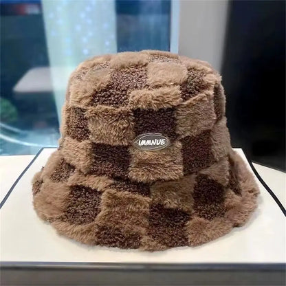 Plaid Checkered Women Bucket Hat Faux Fur Adjustable Checkered Basin Hat