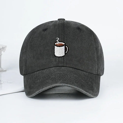 Embroidered Coffee Cup Print Washed Baseball Cap