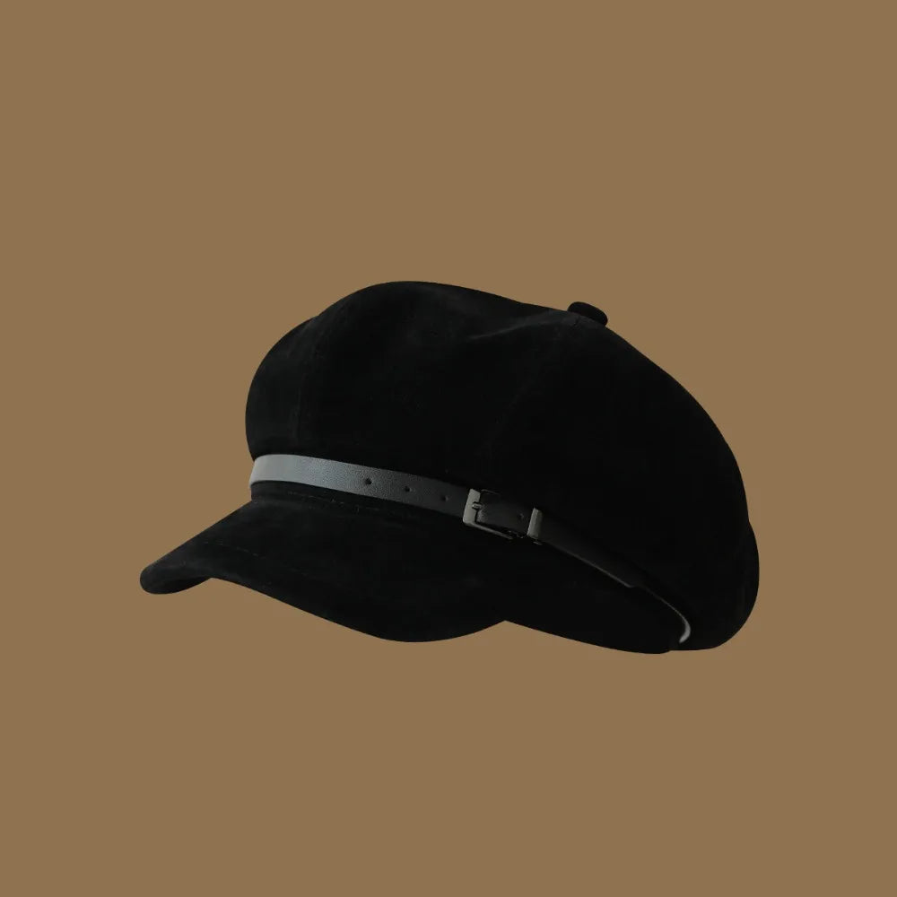 Personality British Style Pu Leather Beret Belt Buckle Brown Suede Octagonal Hat
