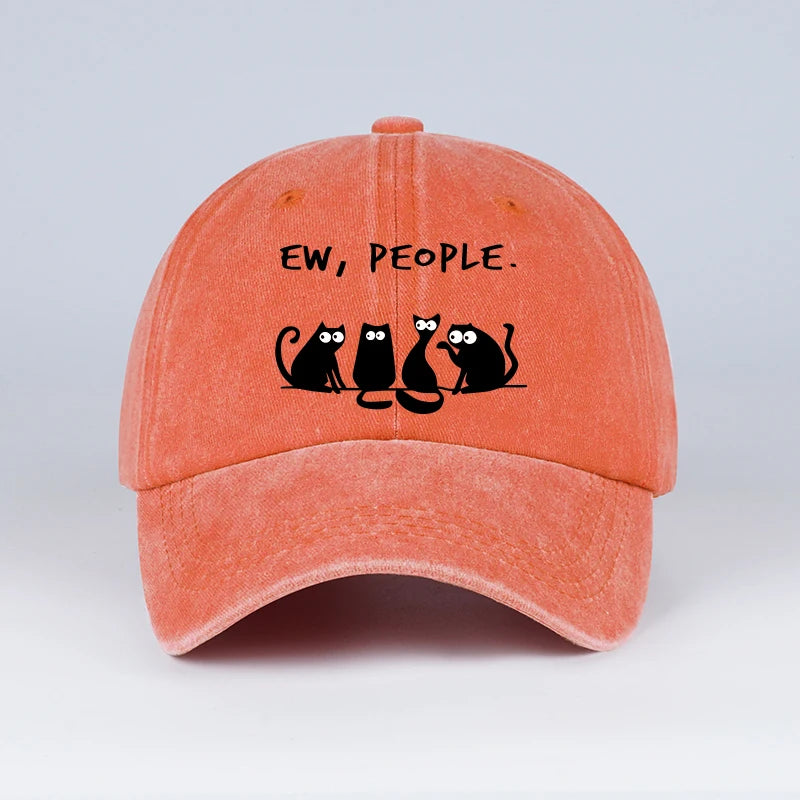 Fun “Ew, People” Cat-Print Washed Baseball Cap