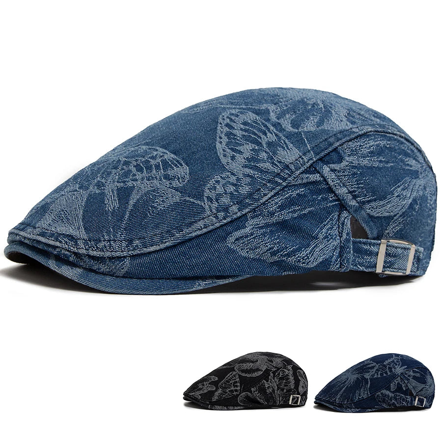 Vintage Denim Prints Butterfly Berets Women Newsboy Cap