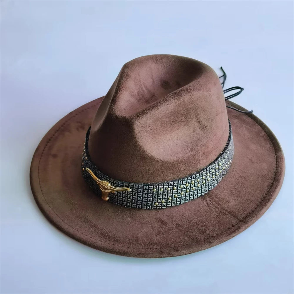 Retro Suede Fedora With Belt Men Western Jazz Hat Vegan Suede Top Hat
