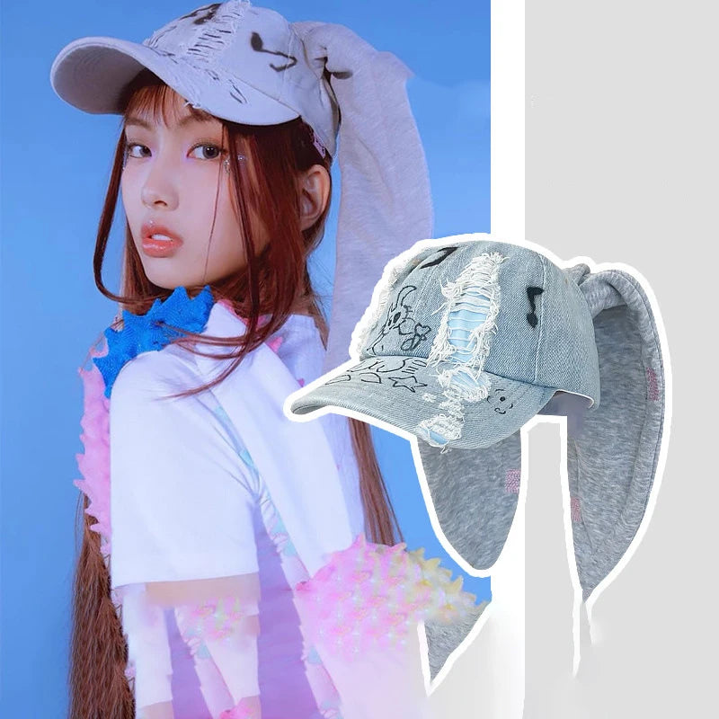 Niche Y2k Rabbit Ears Denim Ripped Baseball Cap Men and Women