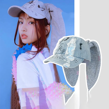 Niche Y2k Rabbit Ears Denim Ripped Baseball Cap Men and Women
