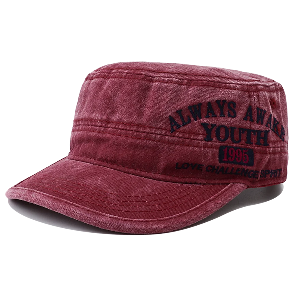 2024 New Letter Embroidery Washed Cotton Flat Top Military Cap
