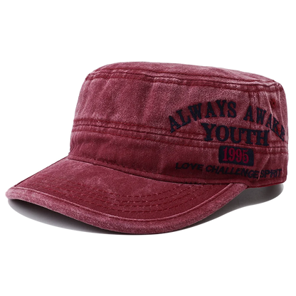 2024 New Letter Embroidery Washed Cotton Flat Top Military Cap