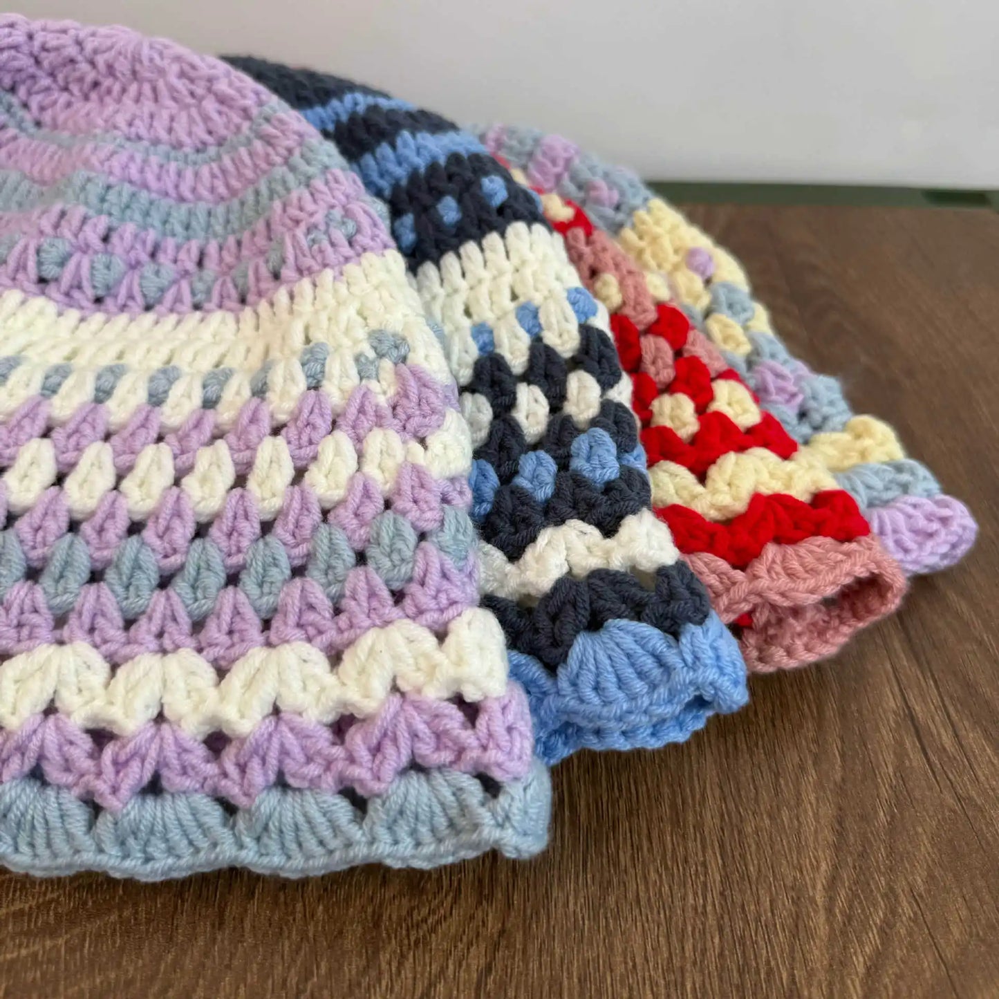 Vintage Handmade Crochet Contrast Striped Knitted Bucket Hat