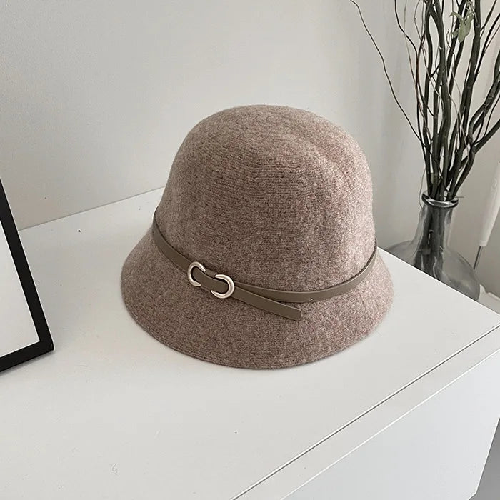 New Fashion Unisex Solid Color Wool Winter Hat With Belt Autumn Bucket Wool
