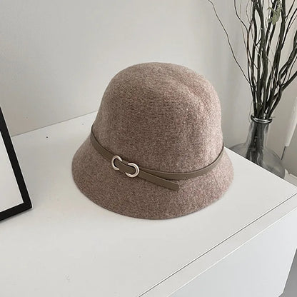 New Fashion Unisex Solid Color Wool Winter Hat With Belt Autumn Bucket Wool