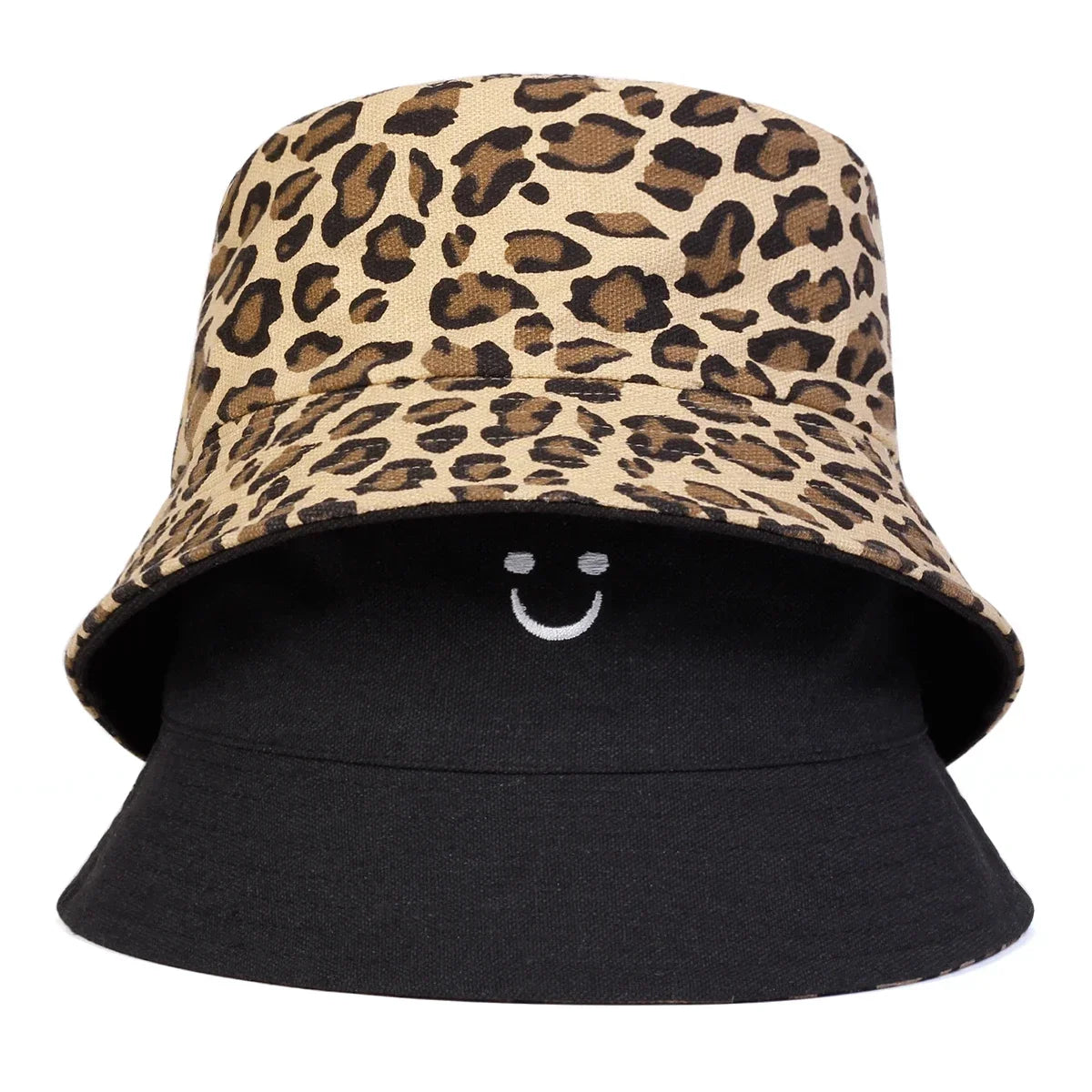 Unisex Smiling Leopard Print Double-Sided Bucket Hats Fishermen Caps