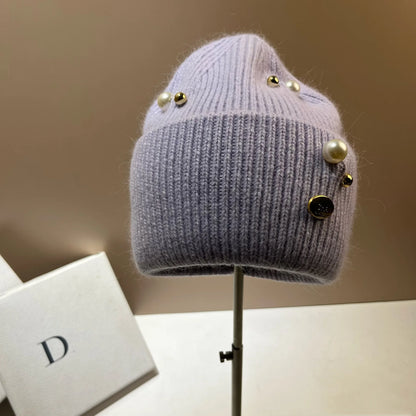 Designer Pearls Brooch Knitted Hat Women Luxury